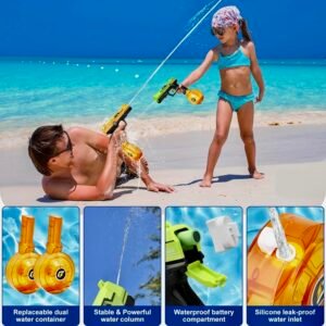 A father and daughter playing with VATOS electric water guns on a beach, with inset technical details highlighting replaceable dual water containers, powerful water column, waterproof battery compartment, and silicone leak-proof water inlet.