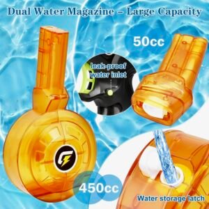 Technical view of VATOS electric water gun accessories showing a 450cc high-capacity drum magazine, a 50cc backup clip, and a leak-proof water inlet design.