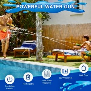 Infographic showing a father and son playing by a pool with VATOS electric water guns, highlighting features like one-button launch, rechargeable battery, dual magazines, and leak-proof design