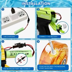 Four-step installation guide for the VATOS electric water gun including USB battery charging, connecting the 3.7V Li-ion battery, and filling the 450cc water magazine.
