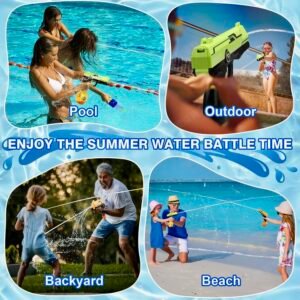 A collage showing the VATOS electric water gun being used by families and children for pool parties, outdoor games, backyard battles, and beach holidays.