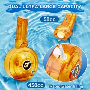 Close-up of VATOS electric water gun accessories showing a large 450cc drum magazine and a secondary 58cc clip with rapid water filling feature.