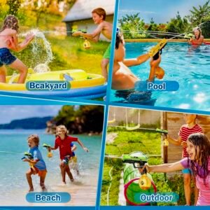 Children playing with green and orange VATOS electric water guns in various outdoor settings including the beach and backyard pools.