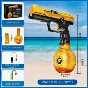 Technical breakdown of the VATOS electric water gun including body dimensions, dual water magazines, USB charging cable, and rechargeable battery.