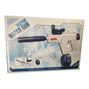 Box packaging for a Vector Electric Water Gun featuring a white and blue automatic toy blaster with a silencer attachment and drum magazine.
