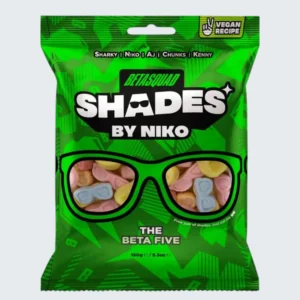 Front view of a 150g sharing bag of Shades by Niko x Beta Squad 'The Beta Five' sweets. The custom, high-energy packaging highlights the massive Beta Squad collaboration branding, unique flavor graphics, and official badges certifying the product as both 100% Vegan and Halal Europe compliant
