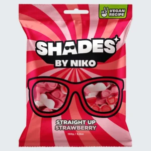 Front view of a 150g bag of Shades by Niko 'Straight Up' Strawberry sweets