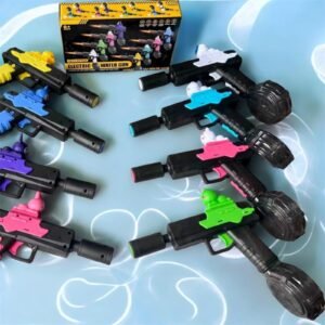 Assorted multi-colored Wafani electric water guns with drum magazines displayed around retail box on patterned background