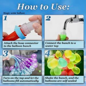 Four-step instruction guide on how to attach, fill, and self-seal quick fill water balloons