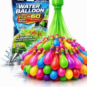 Wafani 111-piece quick fill water balloon bunch with product packaging showing 60-second fill feature