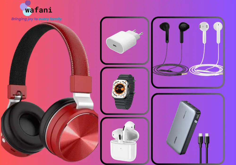 Wafani electronic accessories category banner featuring red wireless over-ear headphones, a smartwatch, a white charging block, wired earphones, and a portable power bank on a purple background.
