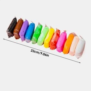 Row of 12 vibrant wrapped air dry clay blocks showing pack length dimensions of 23 cm