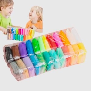 Clear package of colorful Wafani air dry clay blocks with children playing in the background