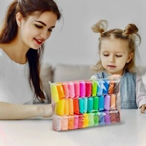 Mother and young daughter sitting at a table with a Wafani air dry clay set pack
