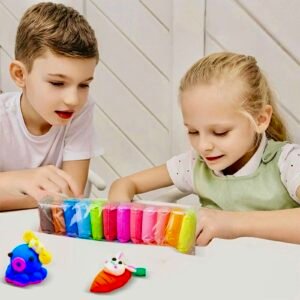 Boy and girl making colorful figures with a Wafani air dry clay set for kids