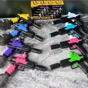 Collection of colorful Wafani electric water guns with drum magazines displayed in yellow, blue, purple, pink, white, and green