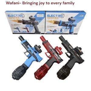 Three Wafani electric water guns in blue, translucent red, and black with drum magazines next to retail boxes featuring fire-breathing light effects