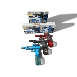 Stacked Wafani electric water guns in blue, red, and black shown with product boxes on a white background