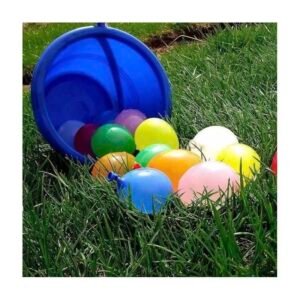 Colorful filled Wafani water balloons spilling out of a blue bucket on green lawn grass