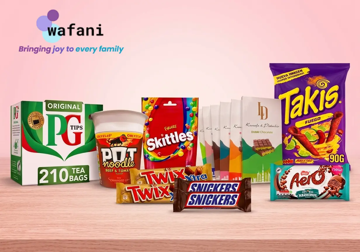 Grocery and snacks promotional banner featuring PG Tips tea, Snickers, Skittles, Twix, Aero, Pot Noodle, Takis, and Dubai Chocolate on a pink background — Wafani.com