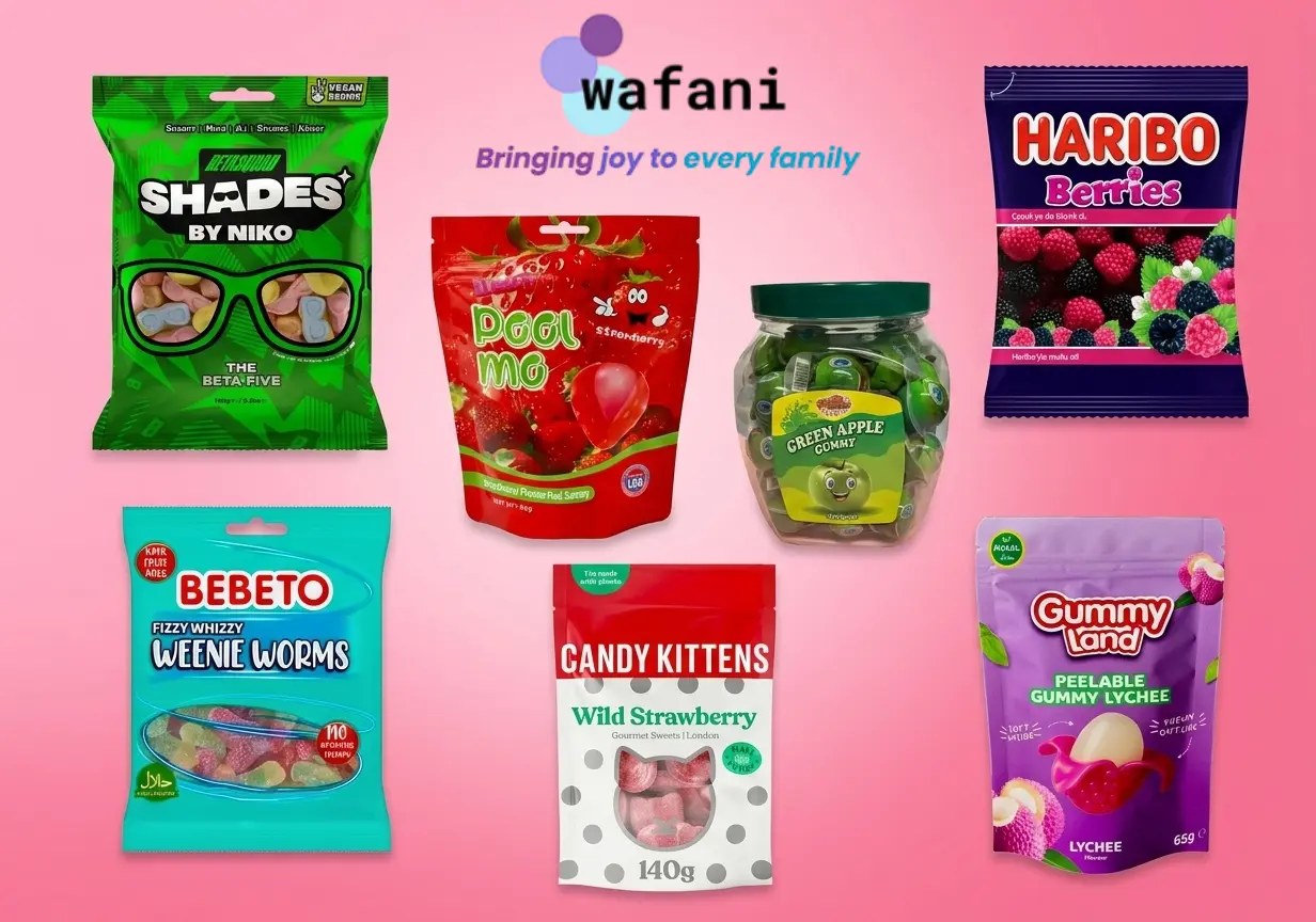 Assorted sweets and candy products including Haribo Berries, Bebeto, and Candy Kittens on a pink background for Wafani sweets category.