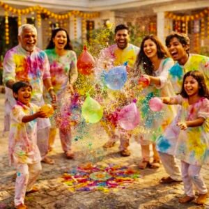 Happy multi-generational family celebrating Holi festival with splashing colorful water balloons outdoors
