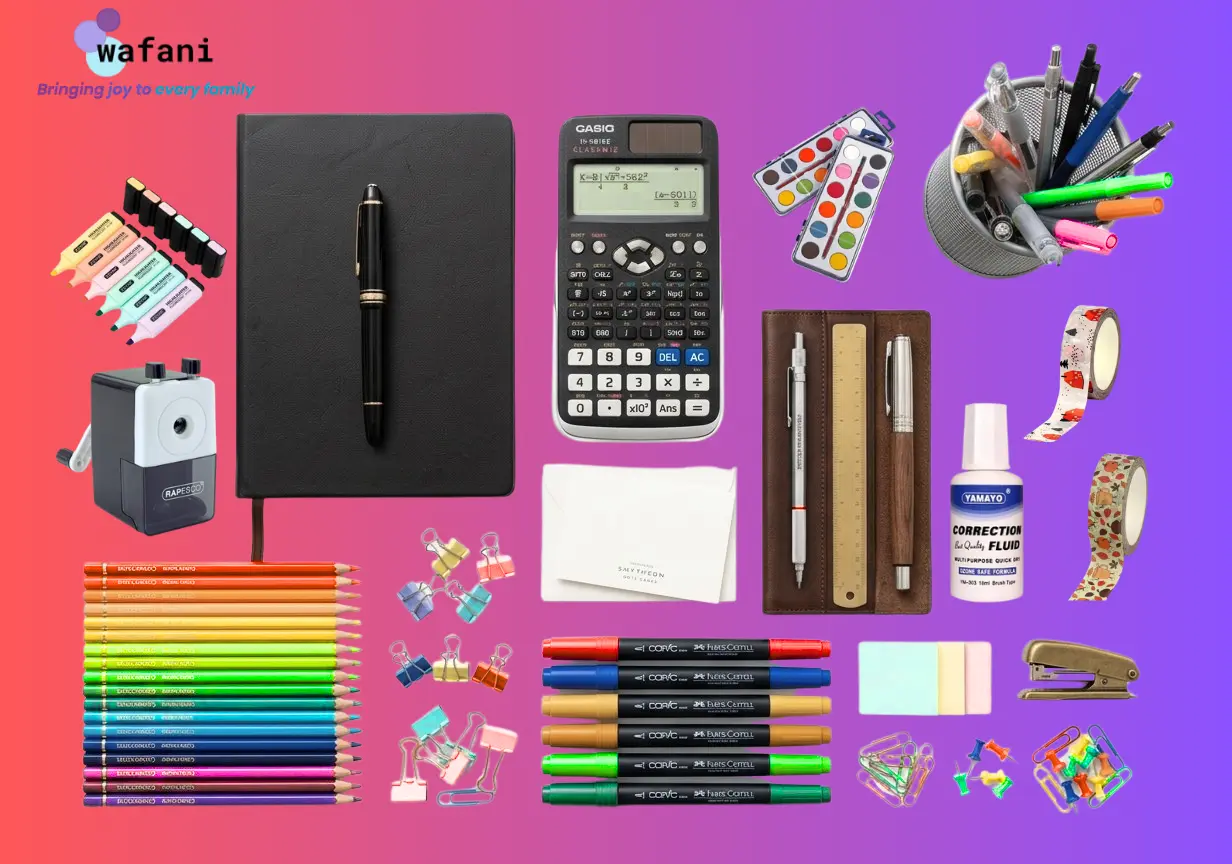 Assortment of Wafani stationery products including a scientific calculator, notebook, colored pencils, highlighters, pens, and desk supplies on a gradient background