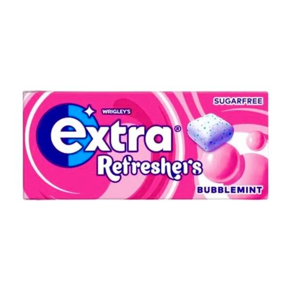 A single handy box of Wrigley's Extra Refreshers Bubblemint sugarfree chewing gum.