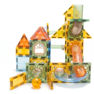 Assembled 68-piece magnetic marble run set with colourful translucent magnetic tiles, slide pipelines, and rolling track ball