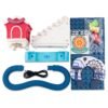 Overhead flat lay of building block track parts including blue studded baseplate stairs and USB cable