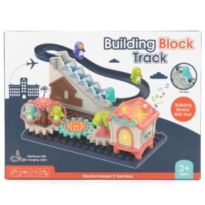 Back of Building Block Track box displaying parts list product dimensions and UKCA CE marks