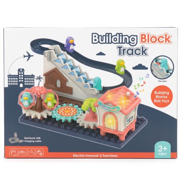 Back of Building Block Track box displaying parts list product dimensions and UKCA CE marks